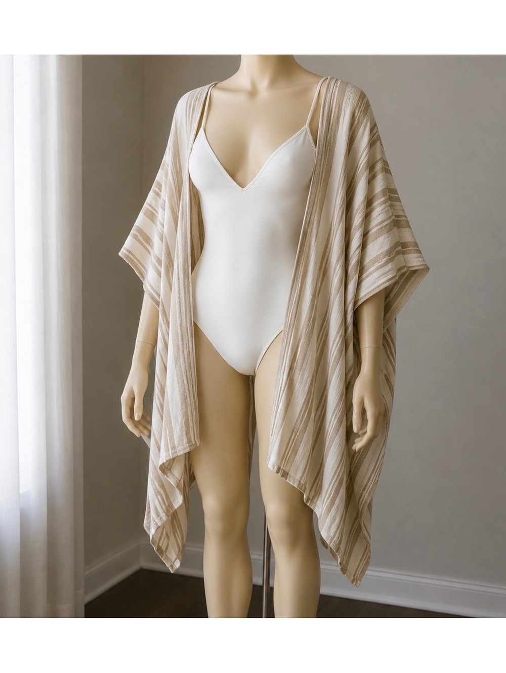 Universal Thread Striped Kimono Cardigan OS Cream Tan Open Front Boho Coastal